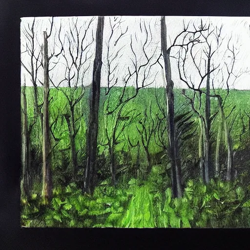 Prompt: painting of a landscape by the blair witch project | horror themed | creepy