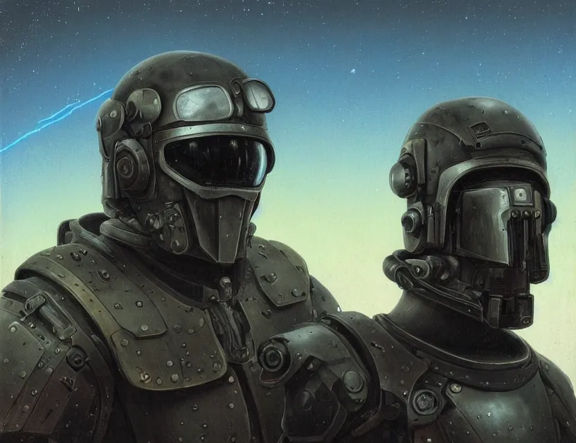 Image similar to a detailed portrait painting of a lone bounty hunter wearing combat armour and a reflective visor. Head and chest only. Dieselpunk elements. Movie scene, cinematic sci-fi scene. Flight suit, cloth and metal, accurate anatomy. portrait symmetrical and science fiction theme with lightning, aurora lighting. clouds and stars. Atmospheric. Futurism by moebius beksinski carl spitzweg moebius and tuomas korpi. baroque elements. baroque element. intricate artwork by caravaggio. Oil painting. Trending on artstation. 8k