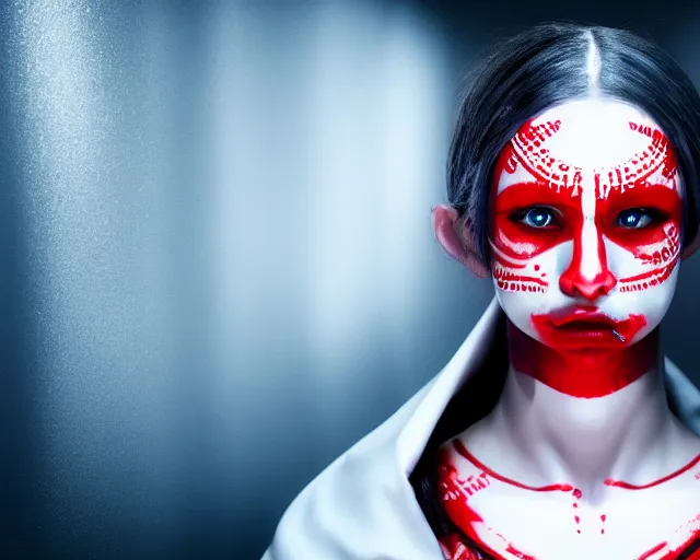 Image similar to a film still of a synthetic female human oracle wrapped in white cloth, beautiful, red eyes, tribal facepaint, neotokyo, cinematic lighting, high resolution, 4 k