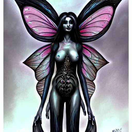 Image similar to a beautiful fairy girl inspired by giger in the style of brom art