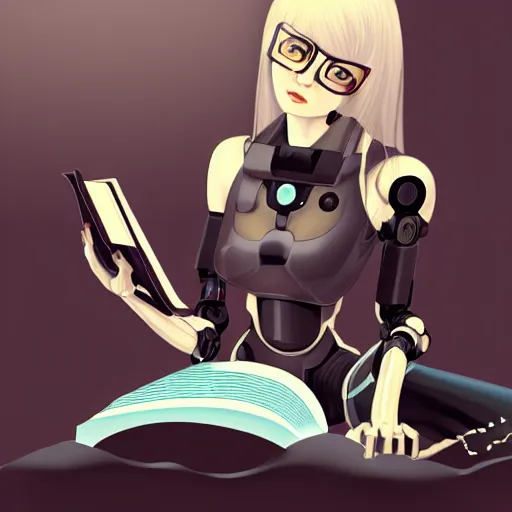 Image similar to robotic cybernetic girl reading a book, portrait, pixiv, arstation, digital art