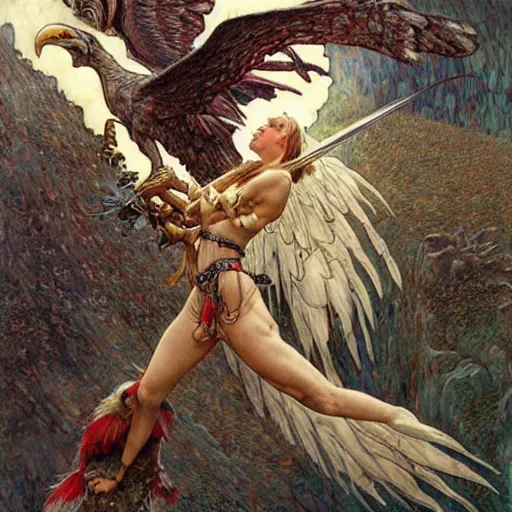 Image similar to giant eagle eating a flying harpy with huge eagle wings being eaten by giant eagle eating her face, d & d, fantasy, luis royo, magali villeneuve, donato giancola, wlop, krenz cushart, hans zatka, klimt, alphonse mucha