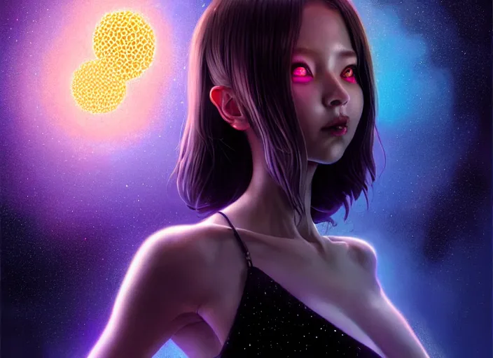 Image similar to azathoth girl wearing a dress made of milky way, full body, occlusion shadow, specular reflection, rim light, unreal engine, artgerm, artstation, art by hiroaki samura and ilya kuvshinov and ossdraws, intricate, highly detailed 8 k, fantasy illustration, extremely beautiful and aesthetic shape of face and body