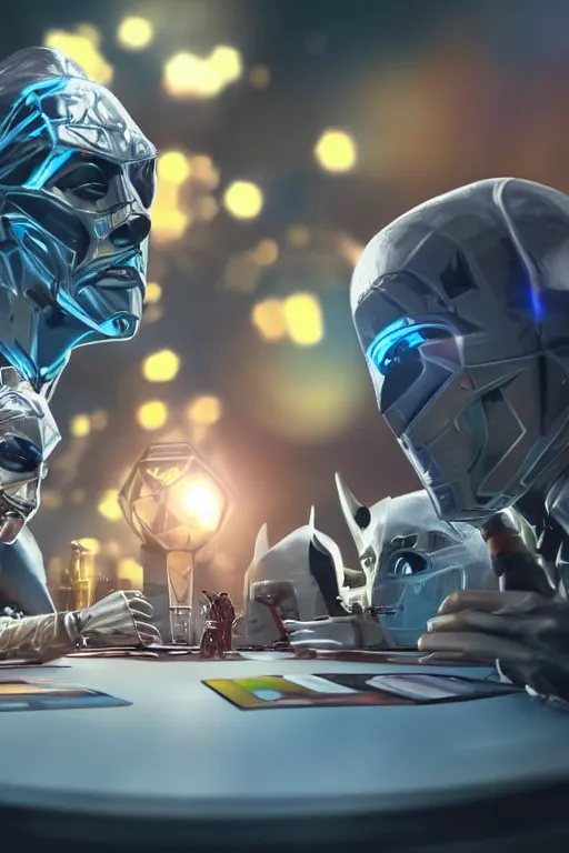 Image similar to closeup, of one futuristic sci-fi Twenty sided dice, in the background are players at a table that are in high tech still suites, with masks, bokeh, sharp focus, intricate concept art, highly detailed, 8k, cinematic, sharp focus