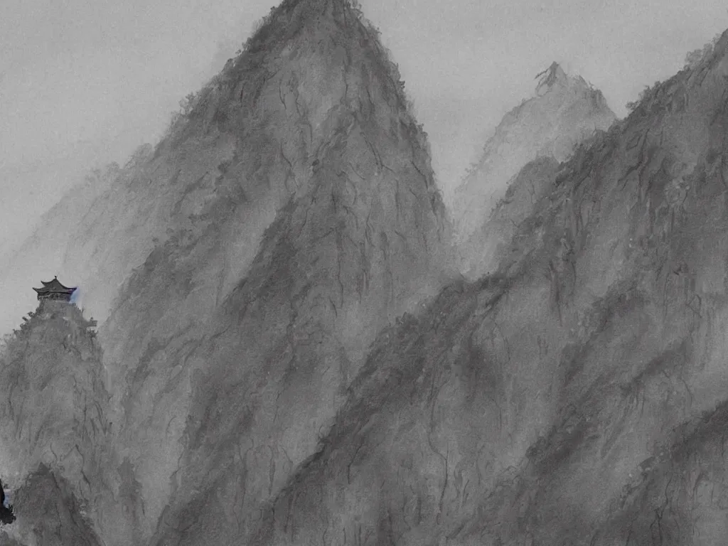 Prompt: a beautiful black ink painting of the mountainous landscape of huangshan with a buddisht temple on the hilltop on a rainy day, with a monk with a walking stick. closeup