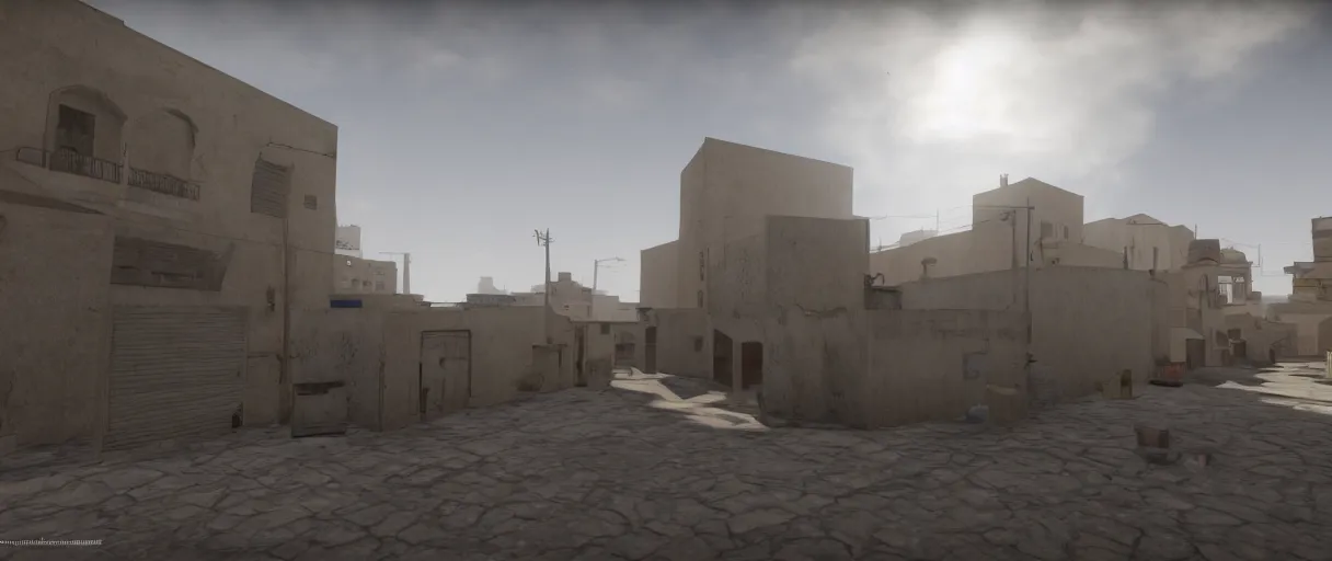 Prompt: a wide shot of dust 2 from Counter Strike: Global Offensive, beautiful, stunning, serene, volumetric light, volumetric clouds, photography, color, intricate, extremely detailed, photorealistic, unreal engine 5