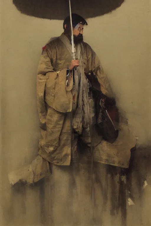 Image similar to Richard Schmid and Jeremy Lipking and Antonio Rotta full length portrait painting of a japanese samurai