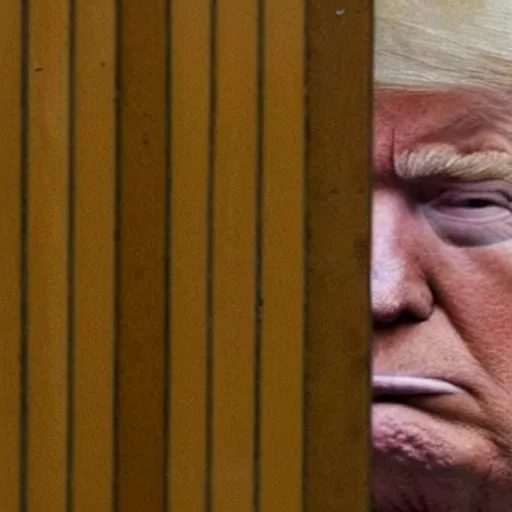 Image similar to Trump crying like a baby behind jail cell bars.