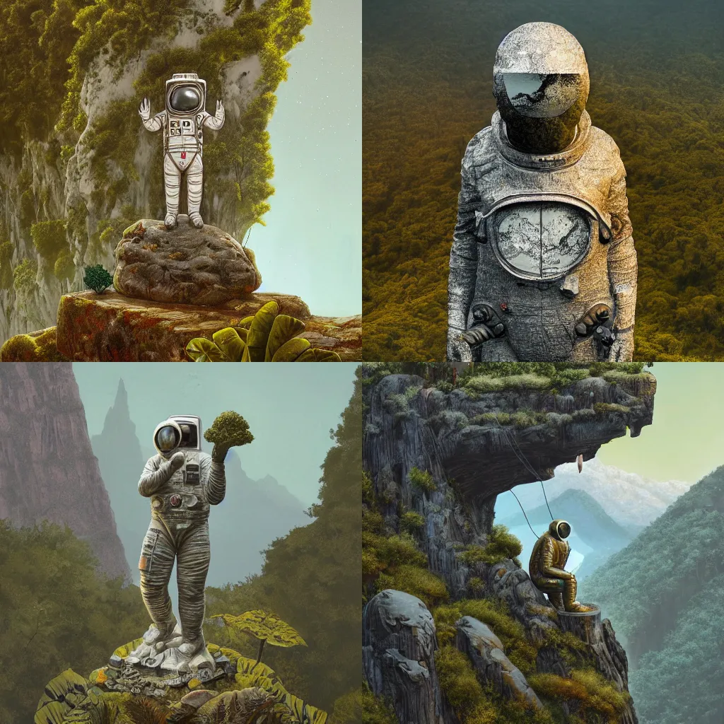 Prompt: seasoned marble statue of marble astronaut on top of hill covered by lichen in jungles and mountains and pyramids by Simon Stalenhag and andrea dopaso, detailed, painting, matte, 4k resolution