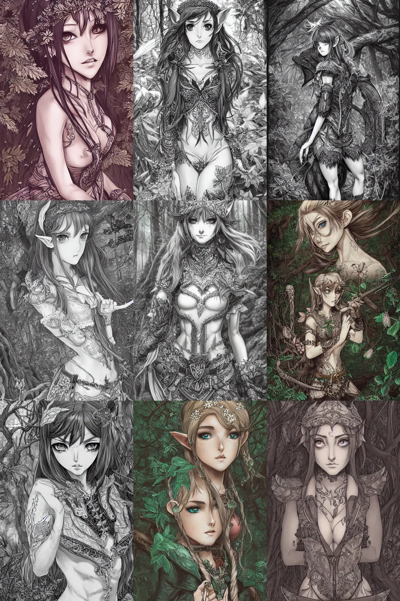 Prompt: alluring highly-detailed pen and ink manga of an attractive young elf in a forest, clothed in a chesty fantasy outfit, intricate, elegant, highly detailed, colorful, digital painting, trending on Artstation, concept art, smooth, sharp focus