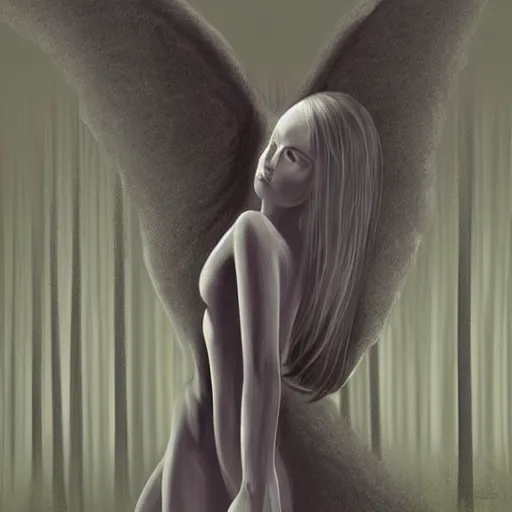 Image similar to modern Angel standing in the front of a forest . Angel is anatomical. Medical picture.Digital painting. Art station. Mood lighting. Skindness, highly detailed, concept art, intricate, sharp focus, man ray - h 1200