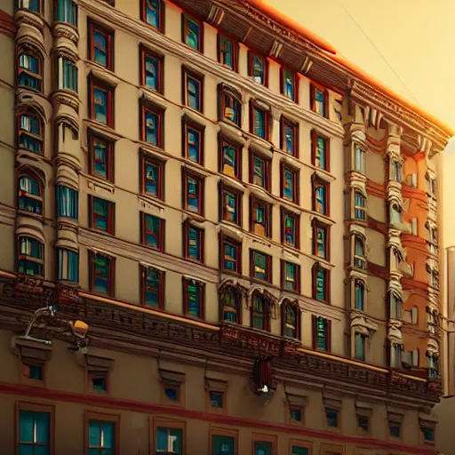 Prompt: wes anderson building facade highly detailed, photo, artstation, 3 d render, sharp focus, art by tokiolab and alphonse mucha, 8 k, ultra realistic, lens flare, glow, soft lighting, hyperrealistic, unreal engine