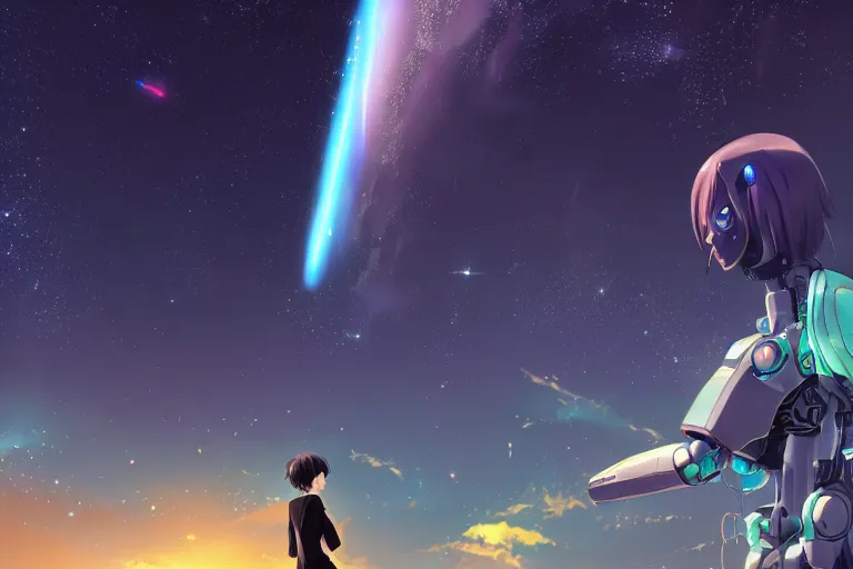 Prompt: makoto shinkai. robotic android girl. futuristic cyberpunk dystopia. vibrant nebula sky. meteor shower.
