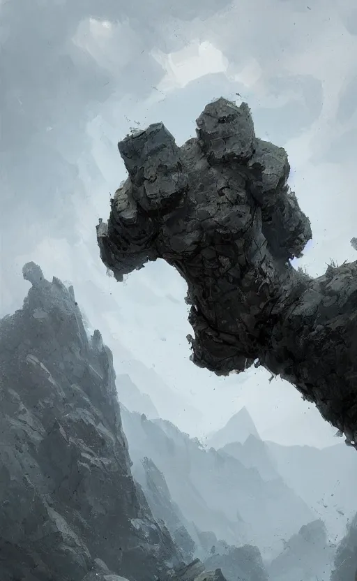 Image similar to a stone golem hitting a mountain with his fist, greg rutkowski, 8 k, shallow depth of field, intricate detail, concept art,