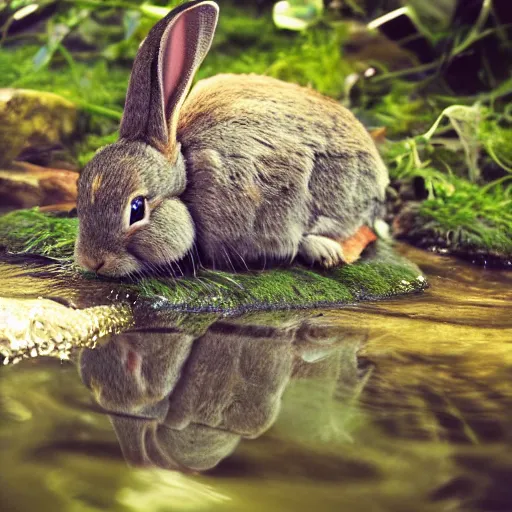 Image similar to a rabbit kayaking in a small stream, 4k photorealistic