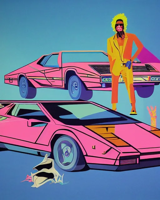 Prompt: Crockett and Tubbs and a white Countach, Miami Vice (1984), in the style of Alex Yanes and John Kricfalusi and Damien Hirst, muted pastel neon color surrealist cubist, tense design, detailed painting, spray art, spatter, collage, isolated on white, juxtapoz magazine, cartoon brew, golden ratio, rule of thirds