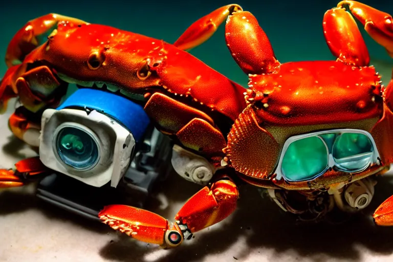Image similar to robot cute cyborg - crab underwater, in 2 0 1 2, bathed in the the glow of a crt television, crabcore cybercore, low - light photograph, photography by tyler mitchell