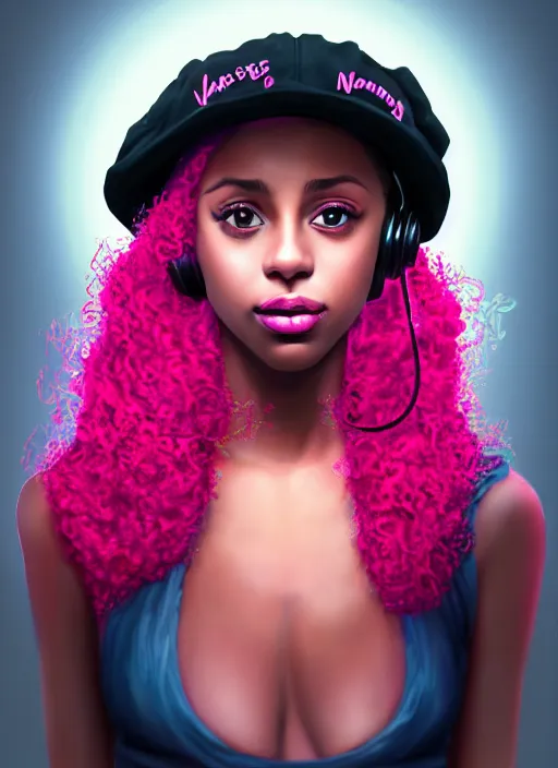 Image similar to portrait of teenage vanessa morgan with bright pink hair, black girl, vanessa morgan, curly pixie cut hair, wearing newsboy cap, newsboy cap, hoop earrings, intricate, elegant, glowing lights, highly detailed, digital painting, artstation, concept art, smooth, sharp focus, illustration, art by wlop, mars ravelo and greg rutkowski