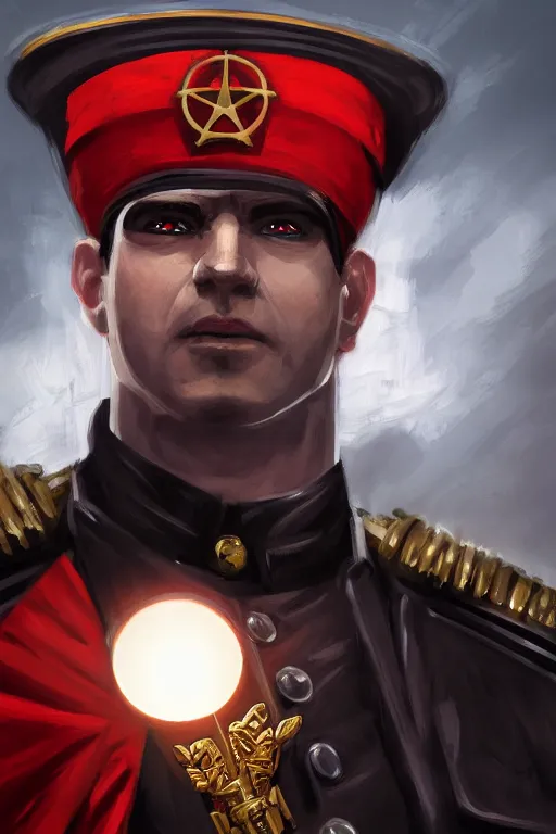 Image similar to Portrait of Male commissar. warhammer 40k setting. Shaded lighting. by Ilya Kuvshinov, Rob Rey, Giuseppe Dangelico Pino. Cinematic. Dark Lighting. Rule of Thirds. Imposing, pointing, heroic, detailed, realistic, 8k, photorealistic, detailed eyes, detailed background