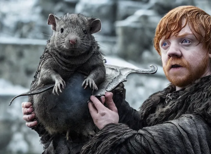 Image similar to rupert grint as thehnellor in game of thrones, holding his large fat rat, live action film, cinematic photo, clear hd image