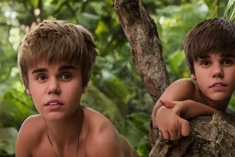 Image similar to justin bieber plays mowgli in the live action adaptation of the jungle book, red weapon 8 k s 3 5, cooke anamorphic / i lenses, highly detailed, cinematic lighting