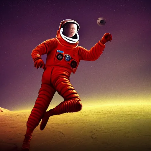 Image similar to digital art, trending on artstation, a soviet astronaut playing soccer on mars, mars landscape, cinematic, relaxing