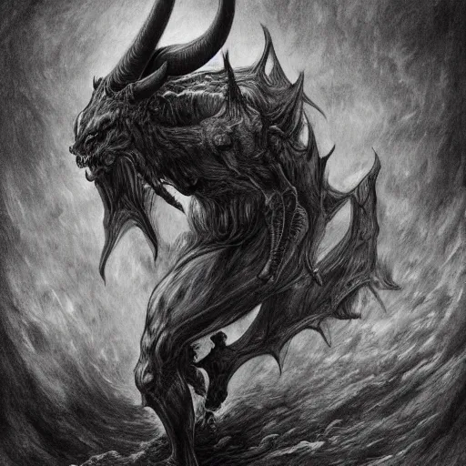 Image similar to full body grayscale drawing by Gustave Dore and Anato Finnstark of muscled horned humanoid beast, swirling flames