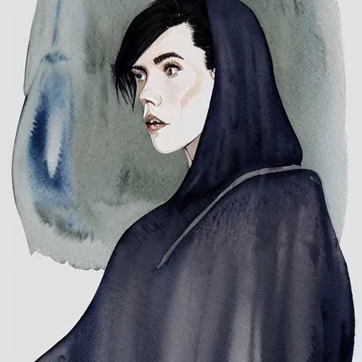 Image similar to full body detailed watercolor illustration of alien jennifer connelly mixed with anya taylor - joy, reading a book, unsettling, hooded long black feathered cloak, uncanny valley, with black feathers instead of hair, gothic, guillermo del toro, gray mottled skin, pale and sickly, profile view, - - ar 9 : 1 6