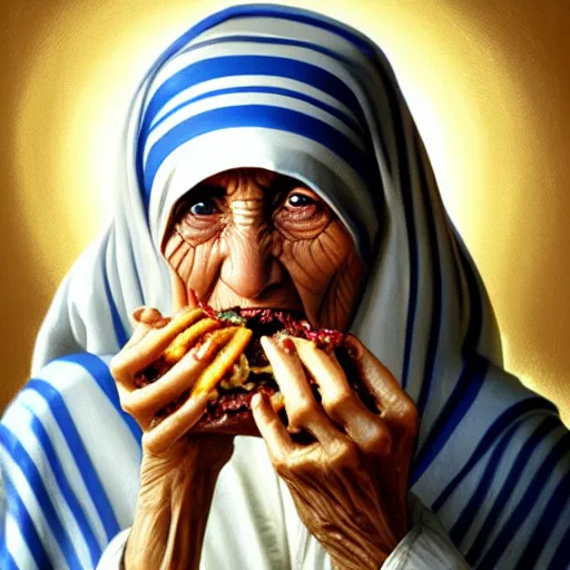 Prompt: portrait of mother teresa eating hamburgers, extra onions and ketchup, luscious patty with sesame seeds, feminine ethereal, handsome, d & d, fantasy, intricate, elegant, highly detailed, digital painting, artstation, concept art, matte, sharp focus, illustration, art by artgerm and greg rutkowski and alphonse mucha