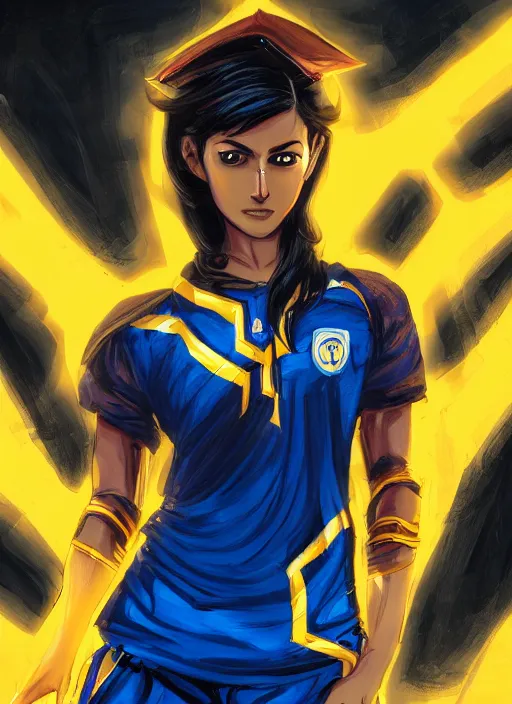 Image similar to An epic fantasy comic book style portrait painting of a very very beautiful young Indian woman, very expressive, dark piercing eyes, tomboy, mischievous, smirk, round face, very dark Nilotic tan skin, futuristic short black hair style, wearing a blue and yellow soccer uniform, arms crossed, unreal 5, DAZ, hyperrealistic, octane render, cosplay, RPG portrait, dynamic lighting