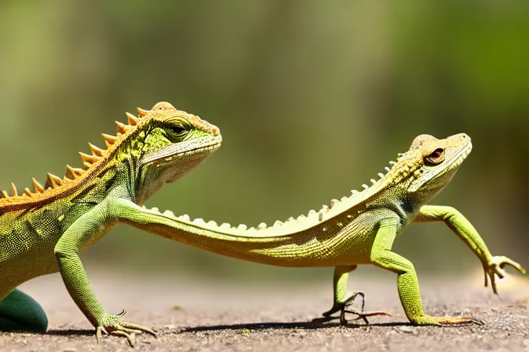 Image similar to photo of two lizards having an intense argument, comedy, depth of field