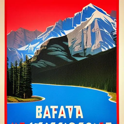 Image similar to soviet style propaganda poster convincing you to move to banff national park,