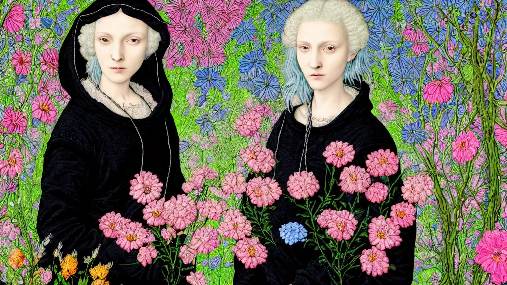 Prompt: photo-realistic portrait of two women with neon blue hair, wearing black hoodies, standing in a garden full of flowers, intricate details, in a renaissance style, black background