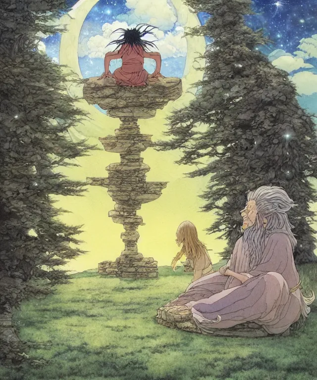 Image similar to a hyperrealist studio ghibli watercolor fantasy concept art. in the foreground is a giant long haired grey witch in lotus position sitting on top of stonehenge with a starry sky in the background. by rebecca guay, michael kaluta, charles vess