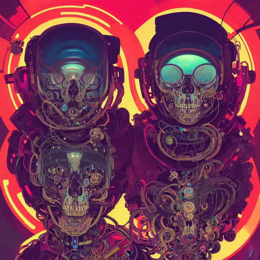 Prompt: a beautiful portrait painting of a ( cyberpunk ) cat skull by simon stalenhag and pascal blanche and alphonse mucha!! and nekro!! and josan gonzalez. in style of digital art. colorful comic, film noirs, symmetry, brush stroke, vibrating colors, hyper detailed. octane render. trending on artstation