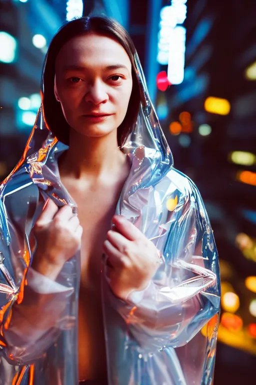 Prompt: Kodak Portra 400, 8K, highly detailed, wachowski 3/4 extreme closeup portrait, clear eyes, focus on girl in clear transparent raincoat, tilt shift zaha hadid style background: famous blade runner remake, tokyo izakaya scene