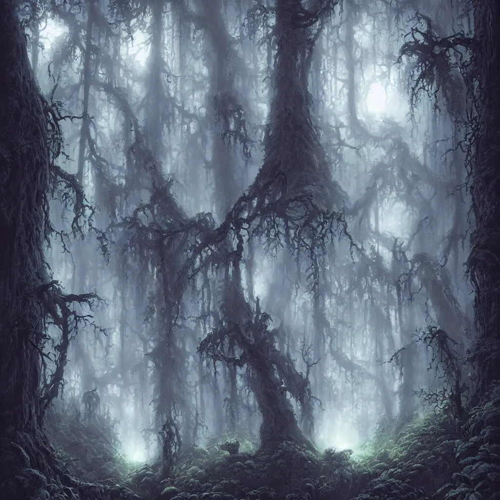 Prompt: a dark lush haunted sequoia forest at night, upward cinematic angle, J.R.R. Tolkien, by Rodney Matthews, P. Craig Russell and Andreas Rocha, dim moonlight, beautiful composition, intricate, elegant, digital art, detailed, mixed media painting, hyperrealistic, sharp focus, 8k