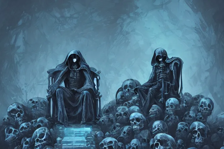 Image similar to Grim reaper sitting on a throne made of skulls, wide shot, digital art, fantasy, concept art, highly detailed, dark colors, blue tint,