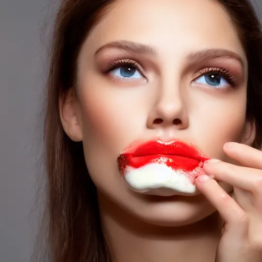 Prompt: stunning beautiful model with yoghurt on lip and cheek
