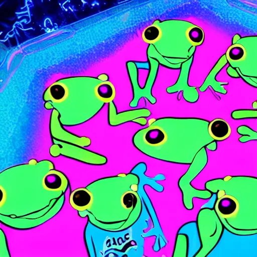 Image similar to futuristic frogs having a rave party in a club