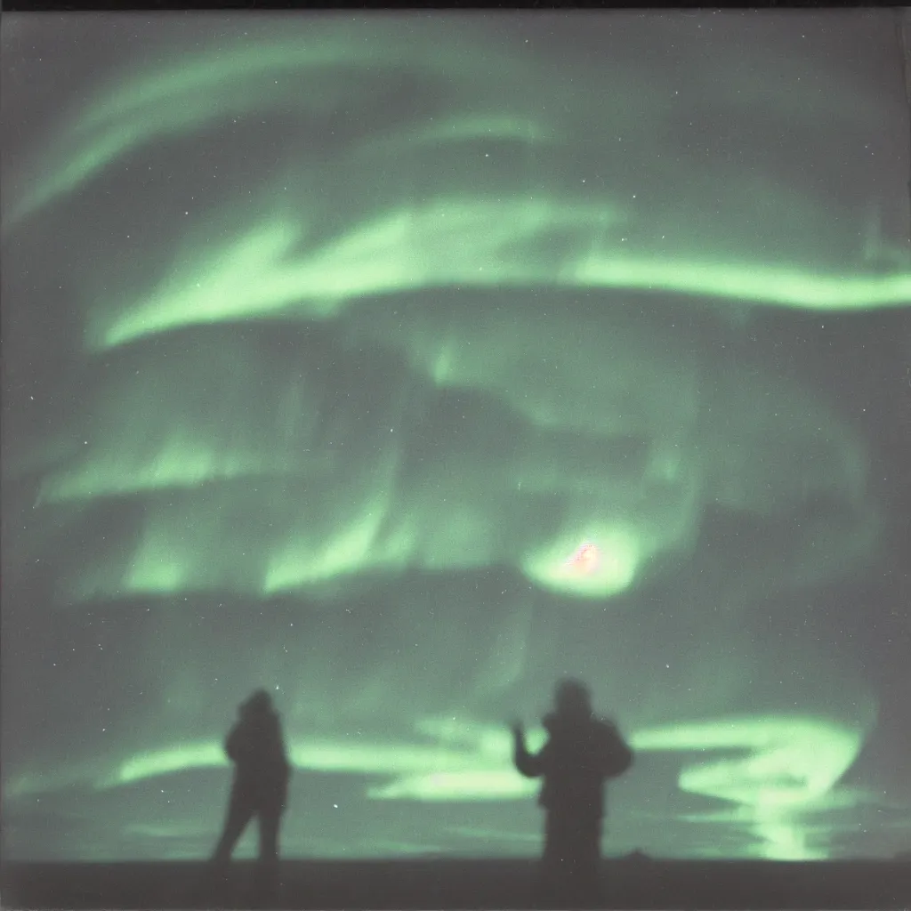 Image similar to polaroid photo of a clear UFO encounter in the artic, large black triangle with lights in each corner, aurora borealis, scientist pointing towards the object, HD scan,