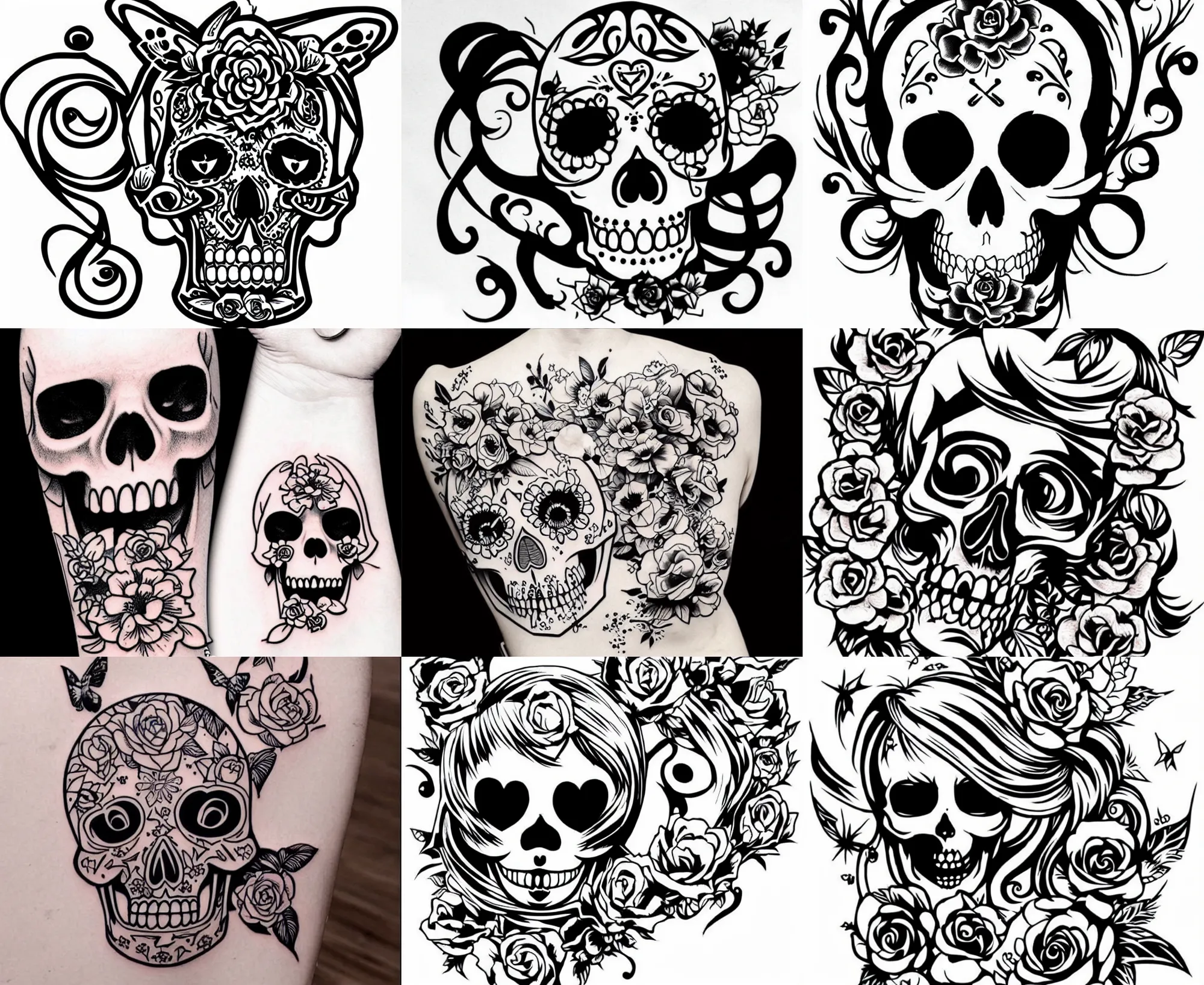 Image similar to detailed tattoo stencil bold lines, cute adorable lovely anime skull kawai