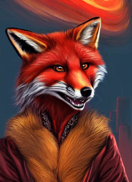 Image similar to aesthetic portrait commission of a of a female fully furry anthro ( red fox ) with a tail and a beautiful attractive hyperdetailed face wearing wearing a outfit in a sci - fi dystopian city at golden hour while it storms in the background. character design by dayer, diego 5, detailed, inked, western comic book art, award winning film poster painting, evocative