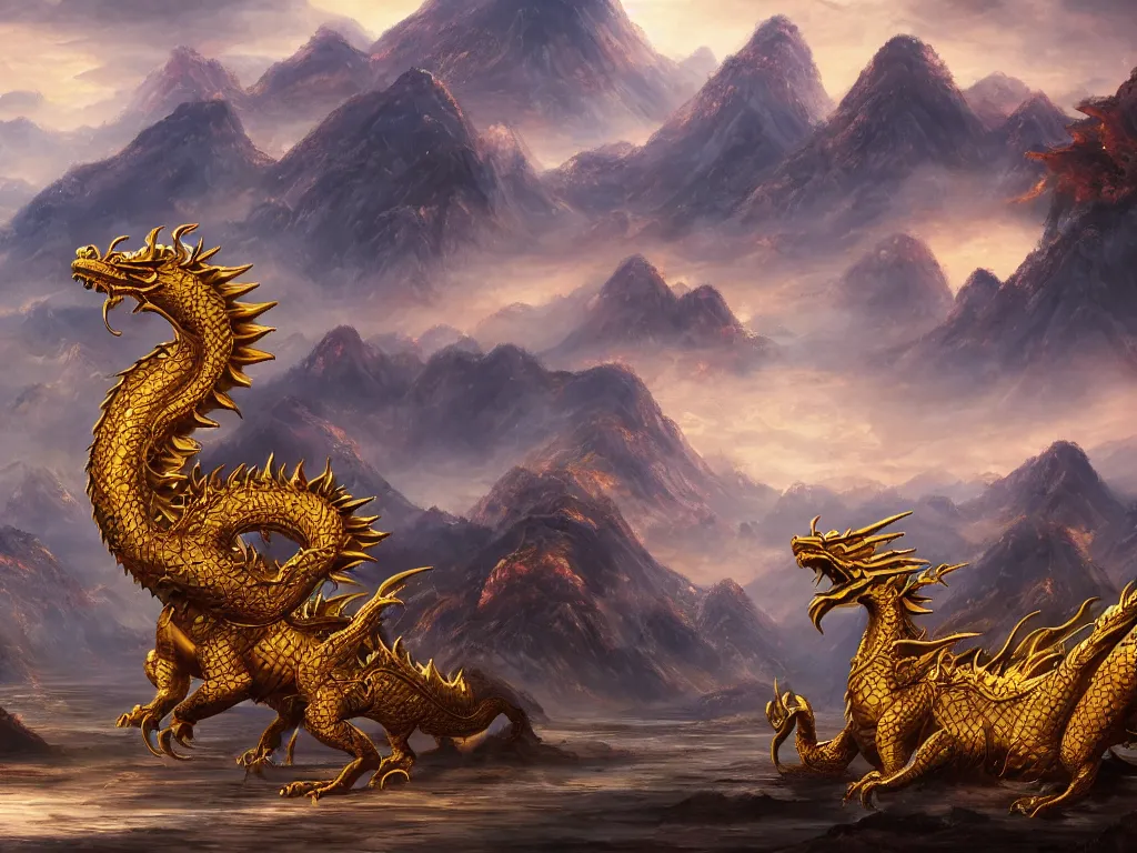 Prompt: a vast landscape painting of a giant golden dragon with horns standing between the mountains with a Chinese temple tower in the distance, trending on artstation, high quality concept art, fantasy, epic composition, detailed and intricate image, cinematic