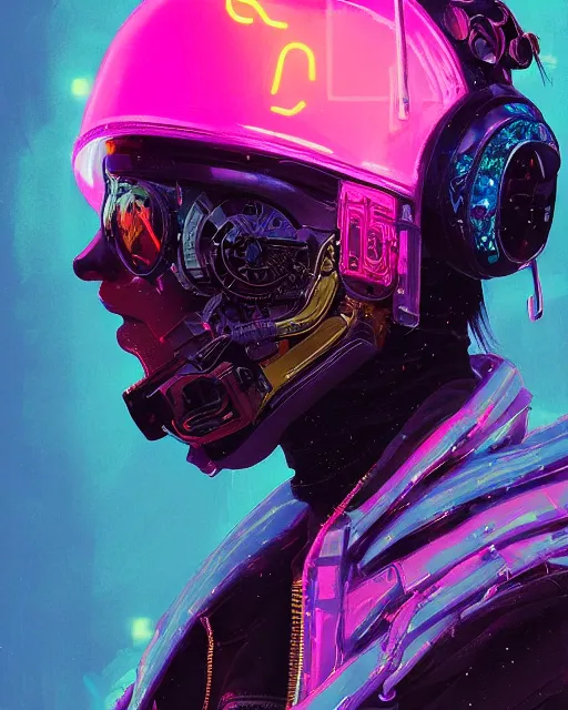 Image similar to detailed side profile portrait Neon Operator Girl, cyberpunk futuristic neon, reflective puffy coat, decorated with traditional Japanese ornaments by Ismail inceoglu dragan bibin hans thoma greg rutkowski Alexandros Pyromallis Nekro Rene Maritte Illustrated, Perfect face, fine details, realistic shaded, fine-face, pretty face