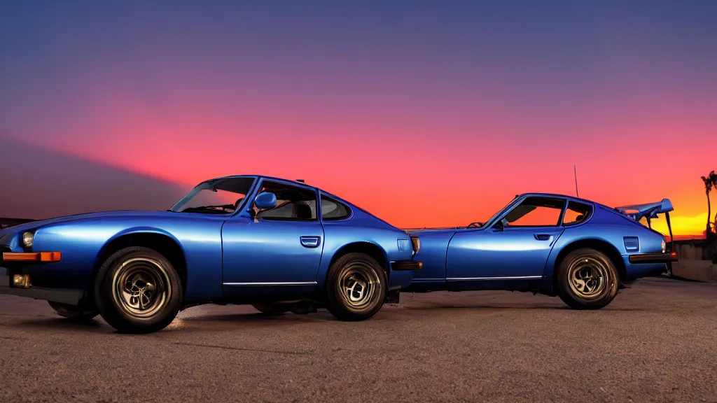 Image similar to neon synthwave 1 9 7 5 datsun 2 6 0 z at sunset, 8 k. filling of the view