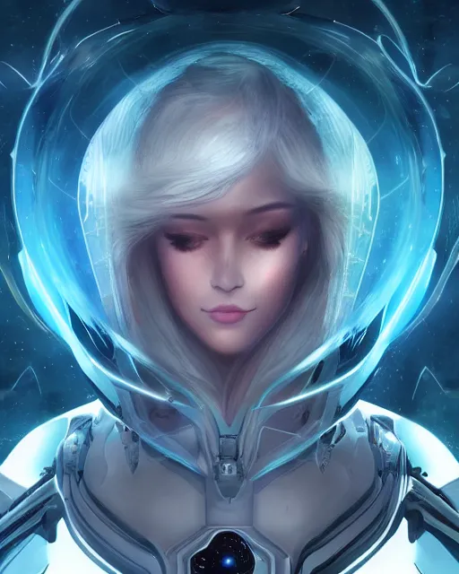 Image similar to photo of a beautiful girl on a mothership, android, warframe armor, pretty face, scifi, futuristic, galaxy, raytracing, dreamy, perfect!!!, cosmic wind, pure, long white hair, blue cyborg eyes, glow, insanely detailed, artstation, innocent look, art by gauthier leblanc, kazuya takahashi, huifeng huang