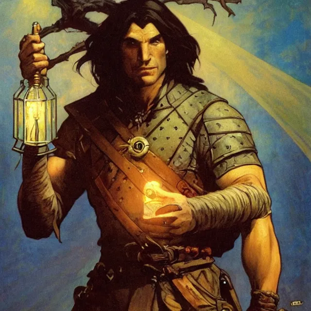 Image similar to an aesthetic! a detailed portrait of geralt of rivia, holding a lantern by frank frazetta and alphonse mucha, oil on canvas, art nouveau dungeons and dragons fantasy art, hd, god rays, ray tracing, crisp contour lines, huhd