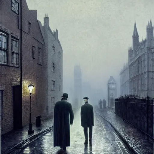 Image similar to Mads Mikkelsen as Sherlock Holmes and John Candy as John Watson walking on the misty streets of London looking for Jack the Ripper, artwork by John Atkinson Grimshaw