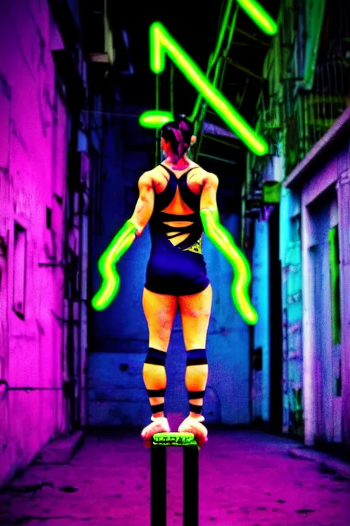 Prompt: buenos aires argentina cyberpunk strong girl, gymnast, sci - fi night neon lights